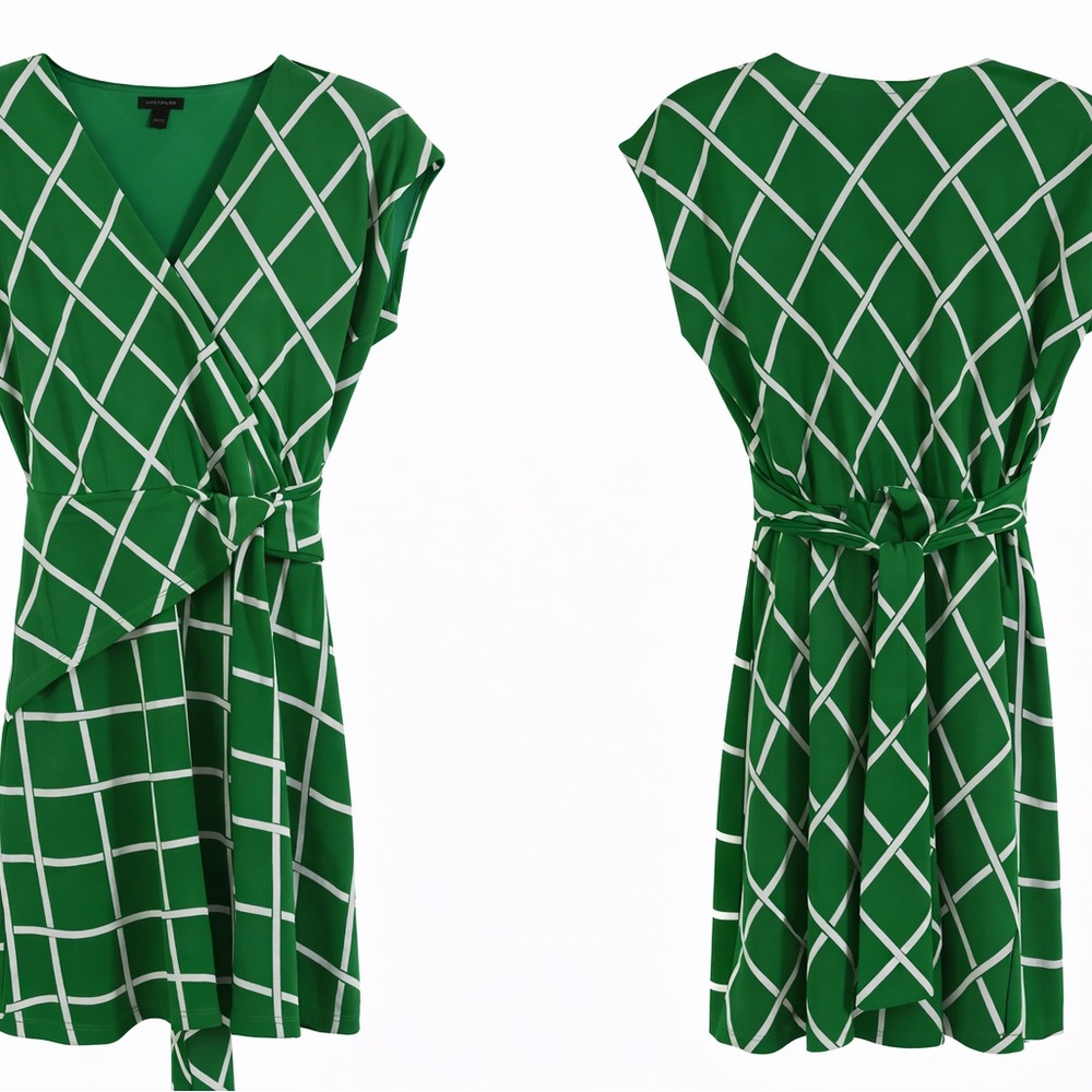 Green Windowpane Dress with Tie Belt